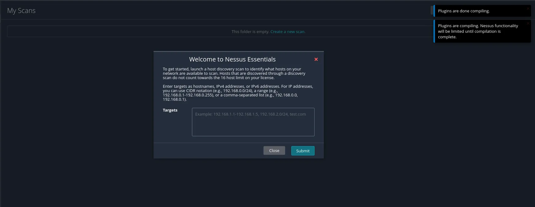 Nessus Dashboard Welcome